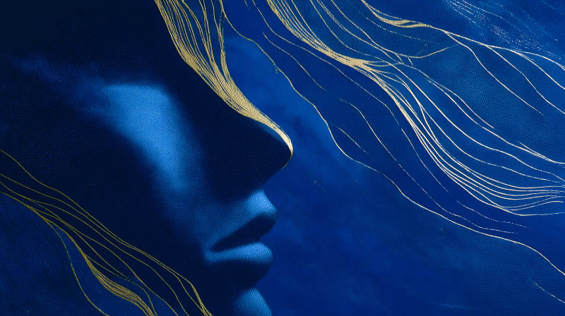 蓝色脸庞金色线条抽象艺术-图片