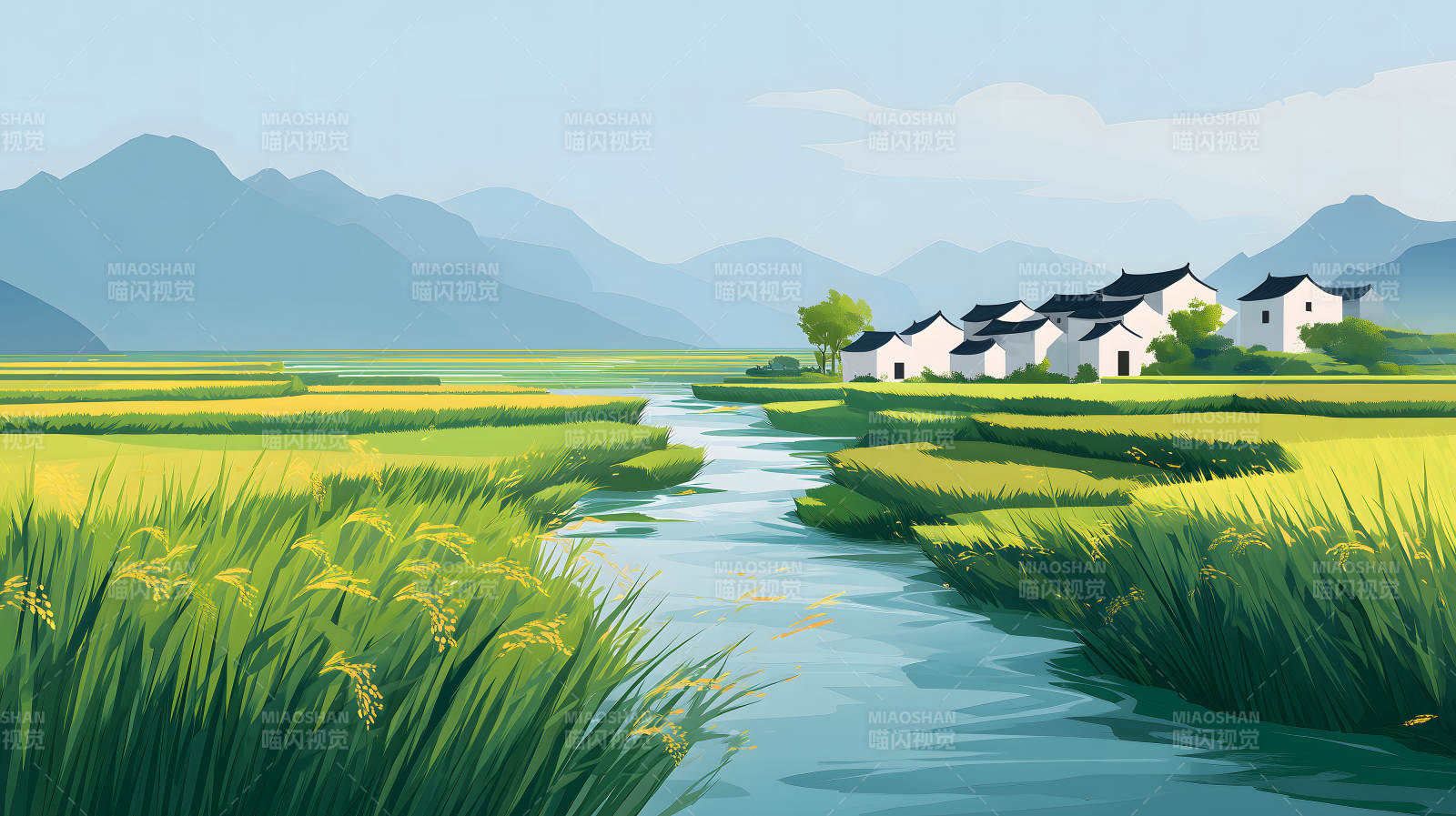 田園風光小橋流水人家山巒圖片