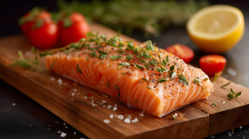 烤三文魚配料木板上美食-圖片