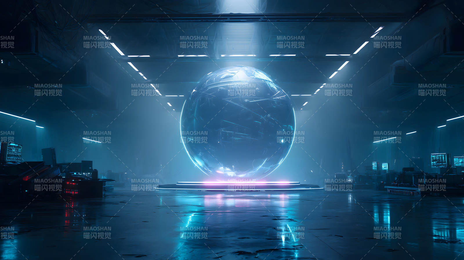 未來實驗室中的發光球體-圖片