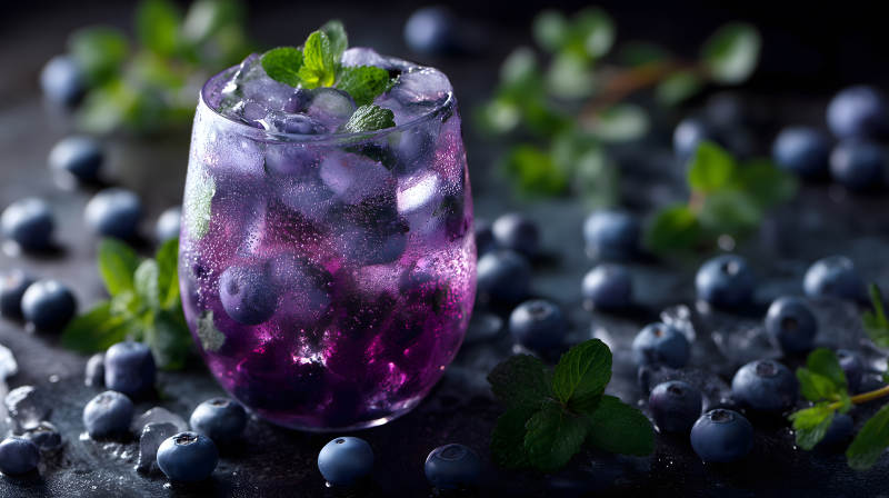 藍(lán)莓飲品配薄荷葉特寫-圖片