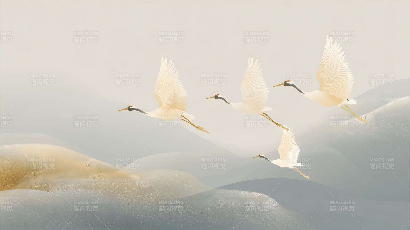 鹤群飞翔于山峦之上意境悠远-图片