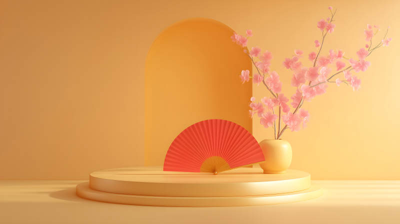 暖色系場景擺拍扇花裝飾-圖片