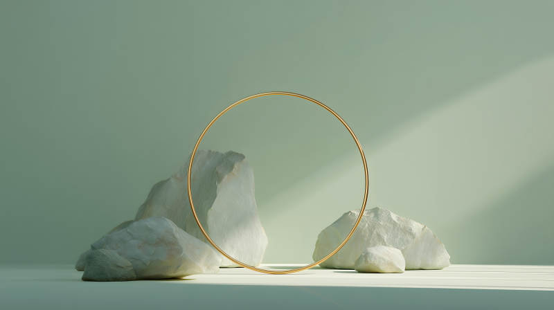 簡約風格的金色圓環(huán)與石頭-圖片