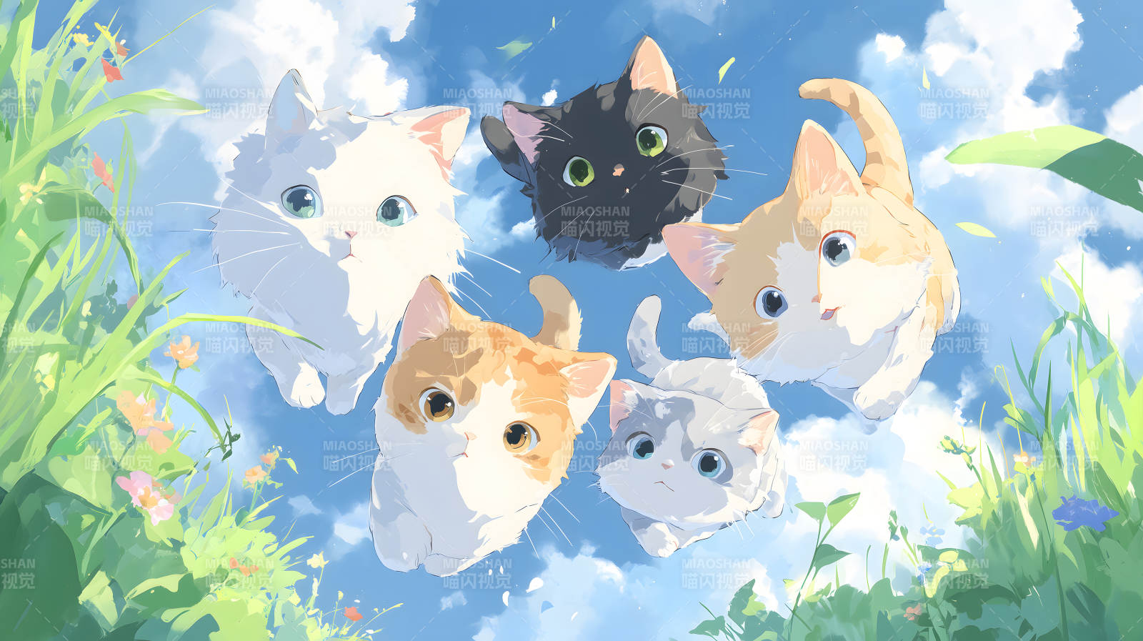 五只貓咪在藍天草地中凝望-圖片