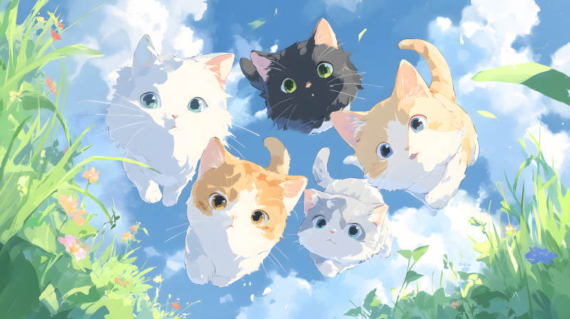 五只貓咪在藍(lán)天草地中凝望-圖片