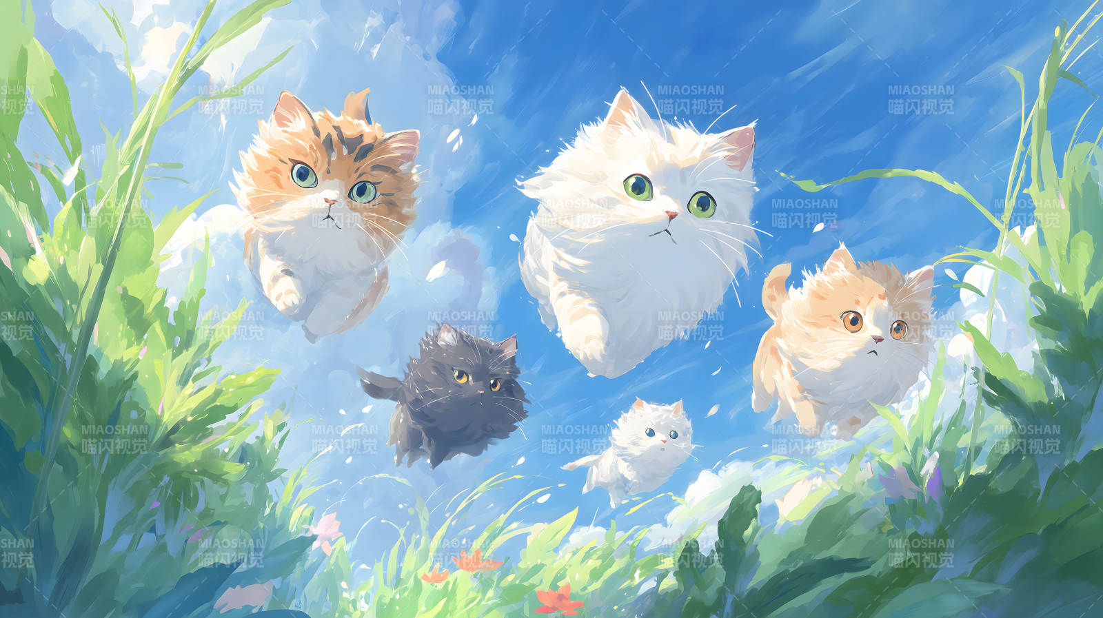 空中飞翔的可爱猫咪们在蓝天之上-图片