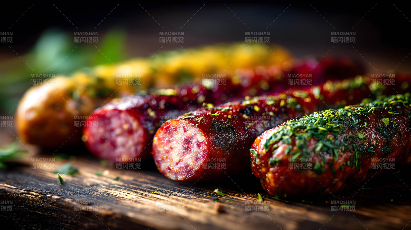 美味香肠特写木质背景诱人美食-图片