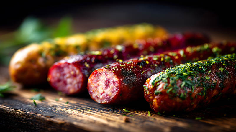 美味香腸特寫木質(zhì)背景誘人美食-圖片