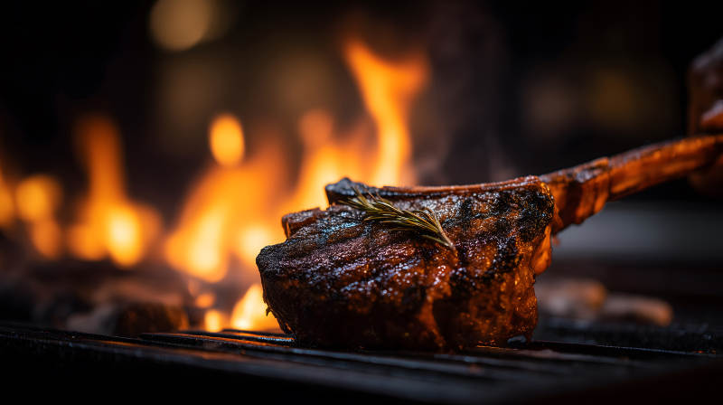 烤制美味牛排火光沖天令人垂涎-圖片