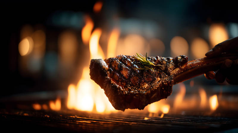 烤肉在火焰上被手拿著色香味俱全-圖片