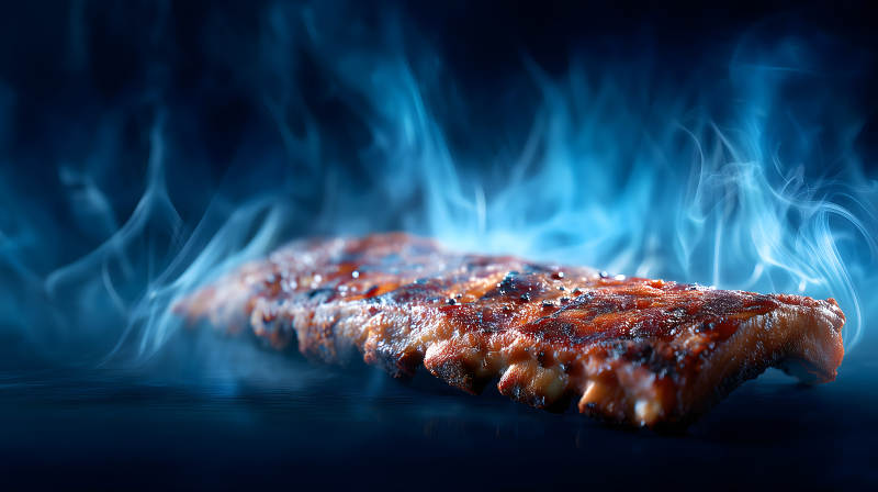 烤肋排飄著藍色的煙霧-圖片