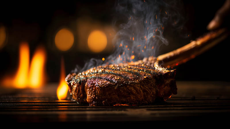 烤牛排在鐵板上冒著熱氣-圖片