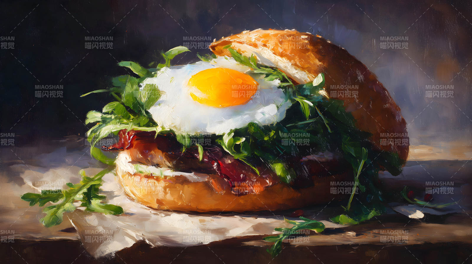 油画风格的汉堡特写-图片