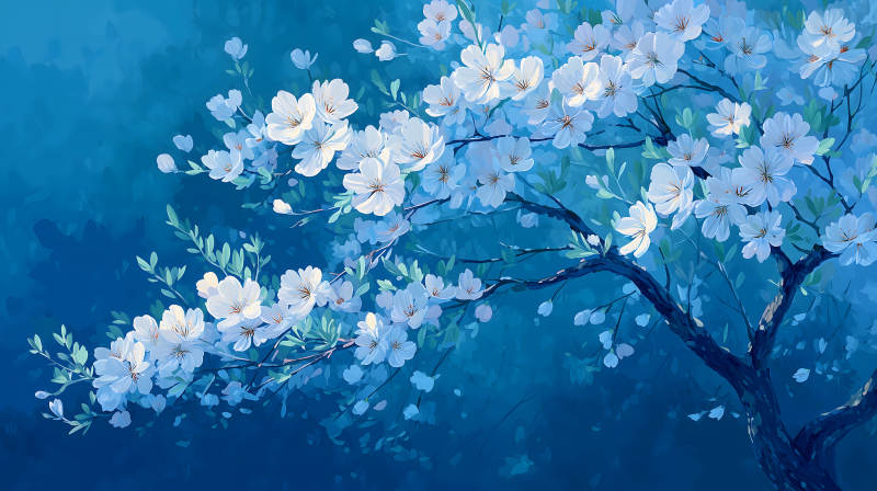 蓝天白花图盛开繁茂-图片