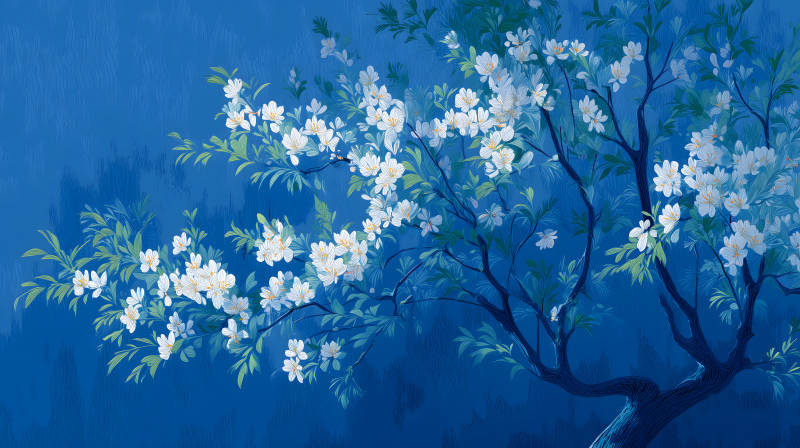 蓝天白花绽放枝头意境幽美-图片