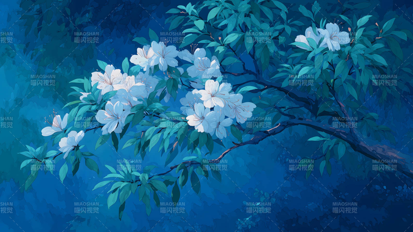 蓝调花枝绽放幽静-图片