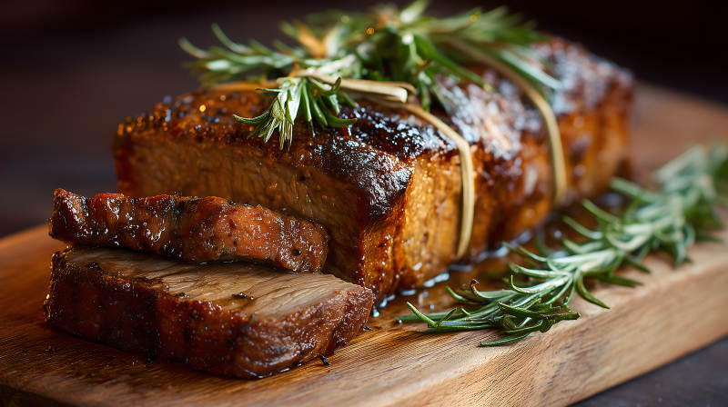 烤肉配迷迭香木质砧板上美味食物-图片