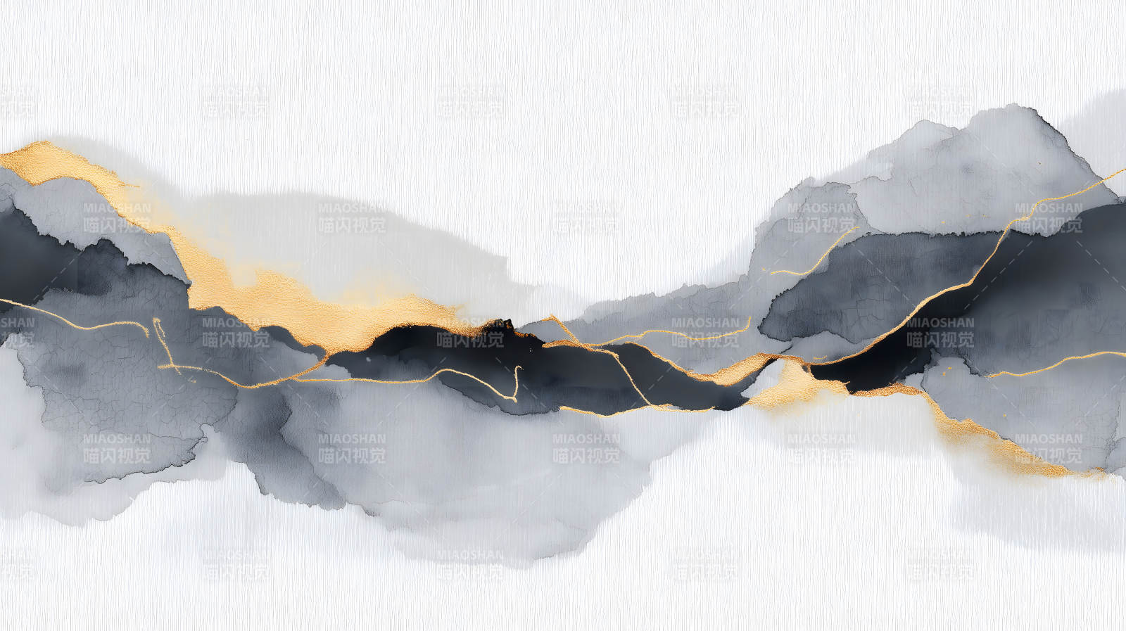 水墨山水與金色線條的抽象藝術-圖片