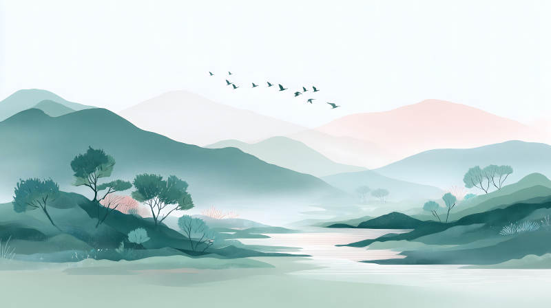 水墨山水画风景如画鸟儿飞翔-图片