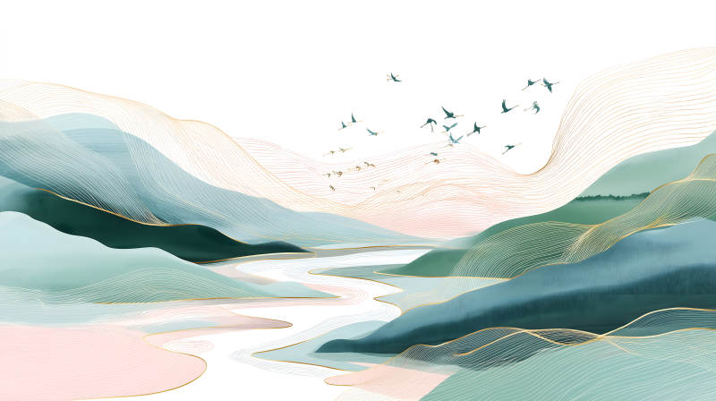 水墨山水画金色线条与飞鸟点缀-图片