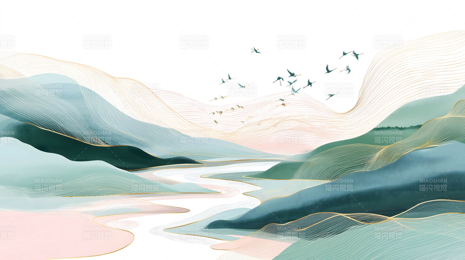 水墨山水画金色线条与飞鸟点缀-图片