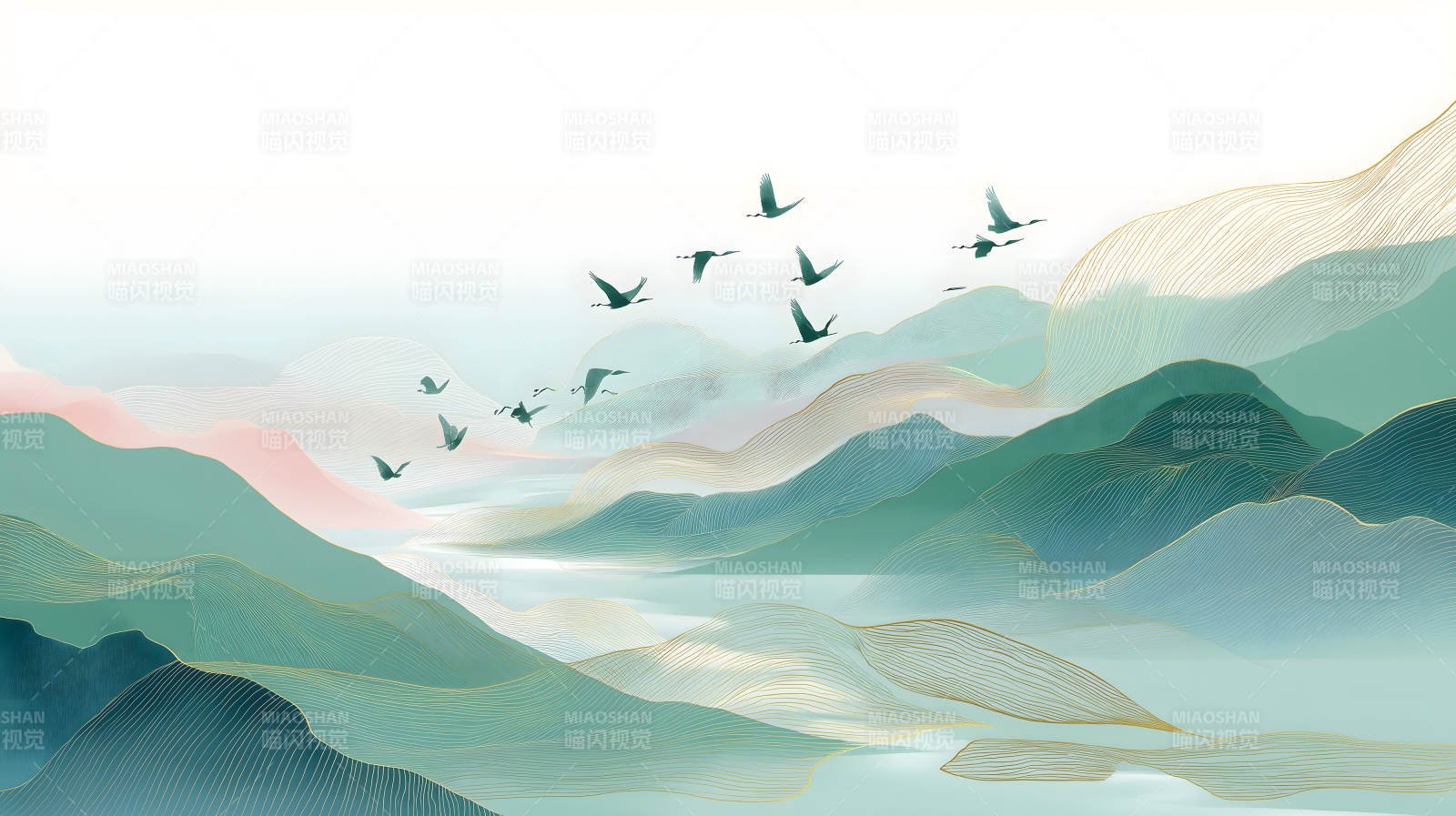 水墨山水畫飛鳥意境深遠(yuǎn)圖片