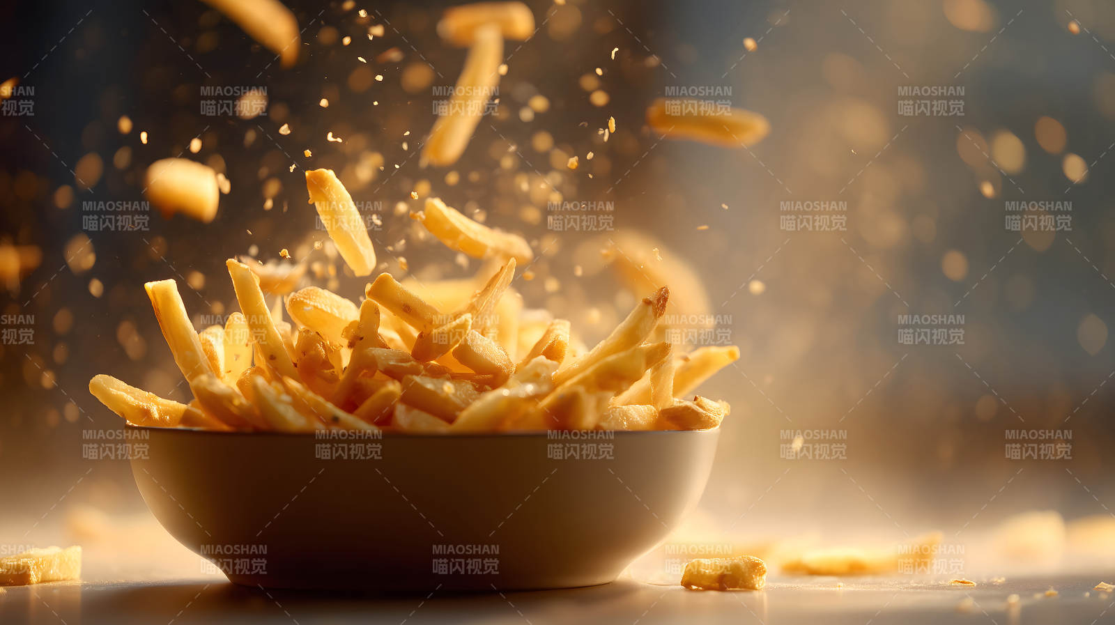 炸薯?xiàng)l飛濺在碗里圖片