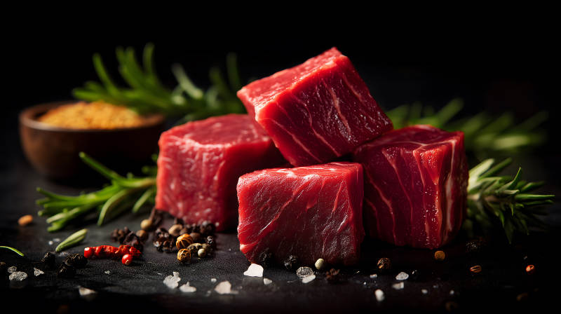 生牛肉块与香料的特写-图片