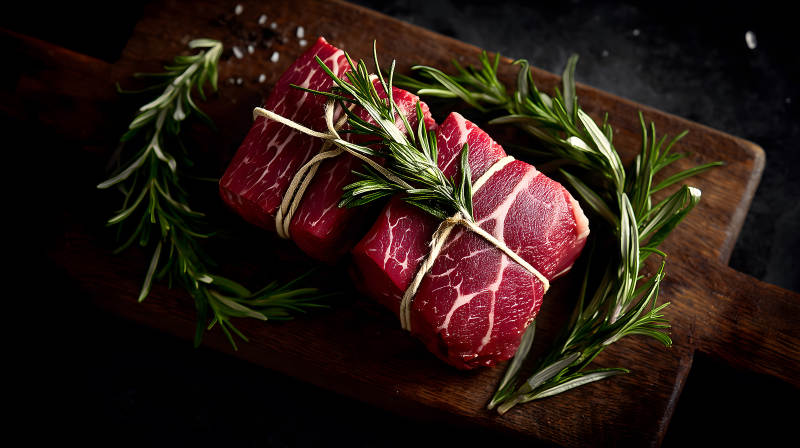 牛肉块配迷迭香装饰木板-图片
