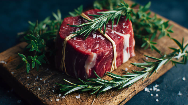 牛排搭配香草木板精致摆盘-图片