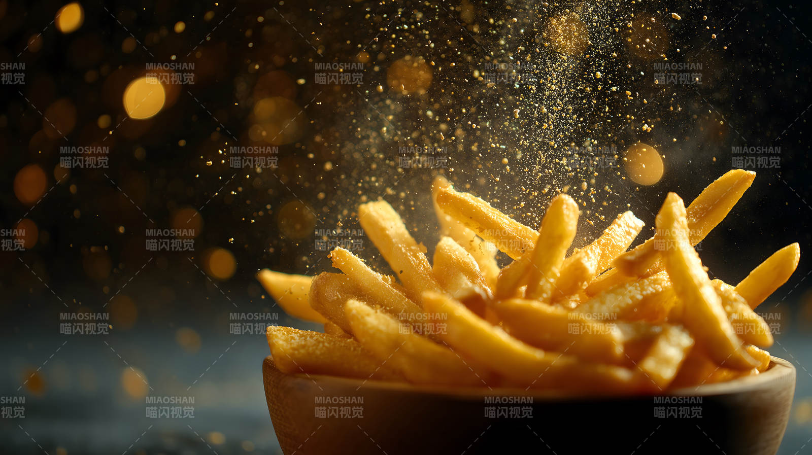 炸薯?xiàng)l特寫(xiě)噴灑調(diào)料香味誘人圖片