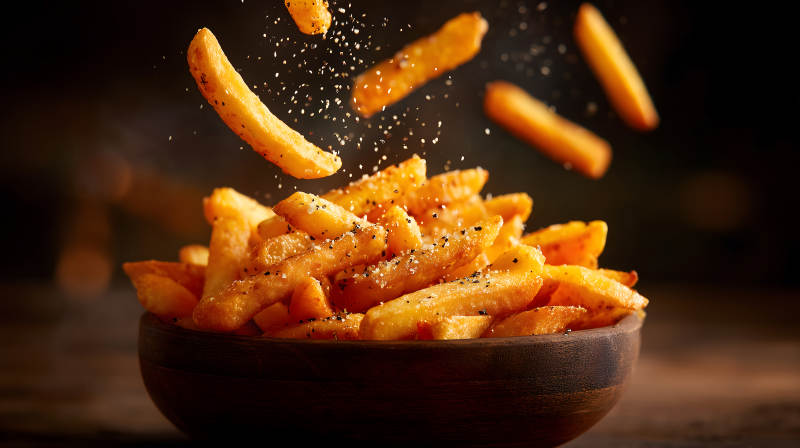 炸薯条撒盐粒特写-图片