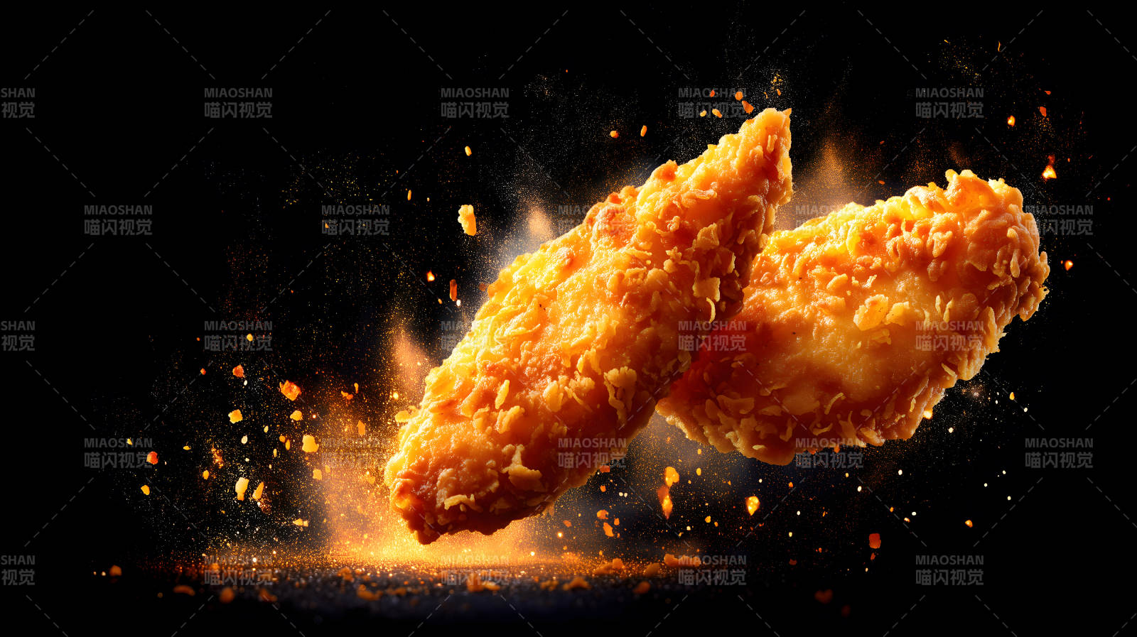 炸鸡块特写黑背景视觉冲击-图片