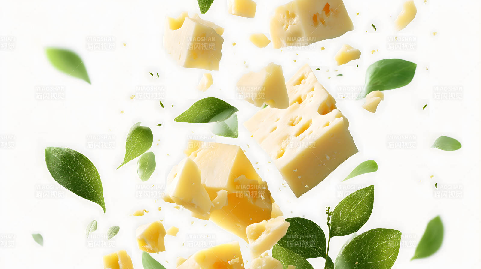 奶酪與綠葉漂浮圖片