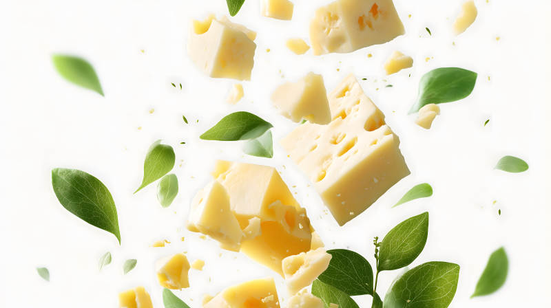 奶酪与绿叶漂浮-图片