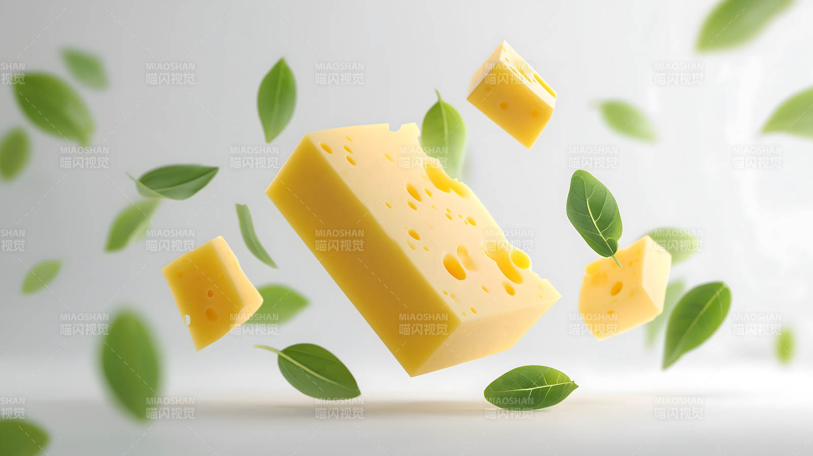 奶酪和葉子漂浮在空中-圖片