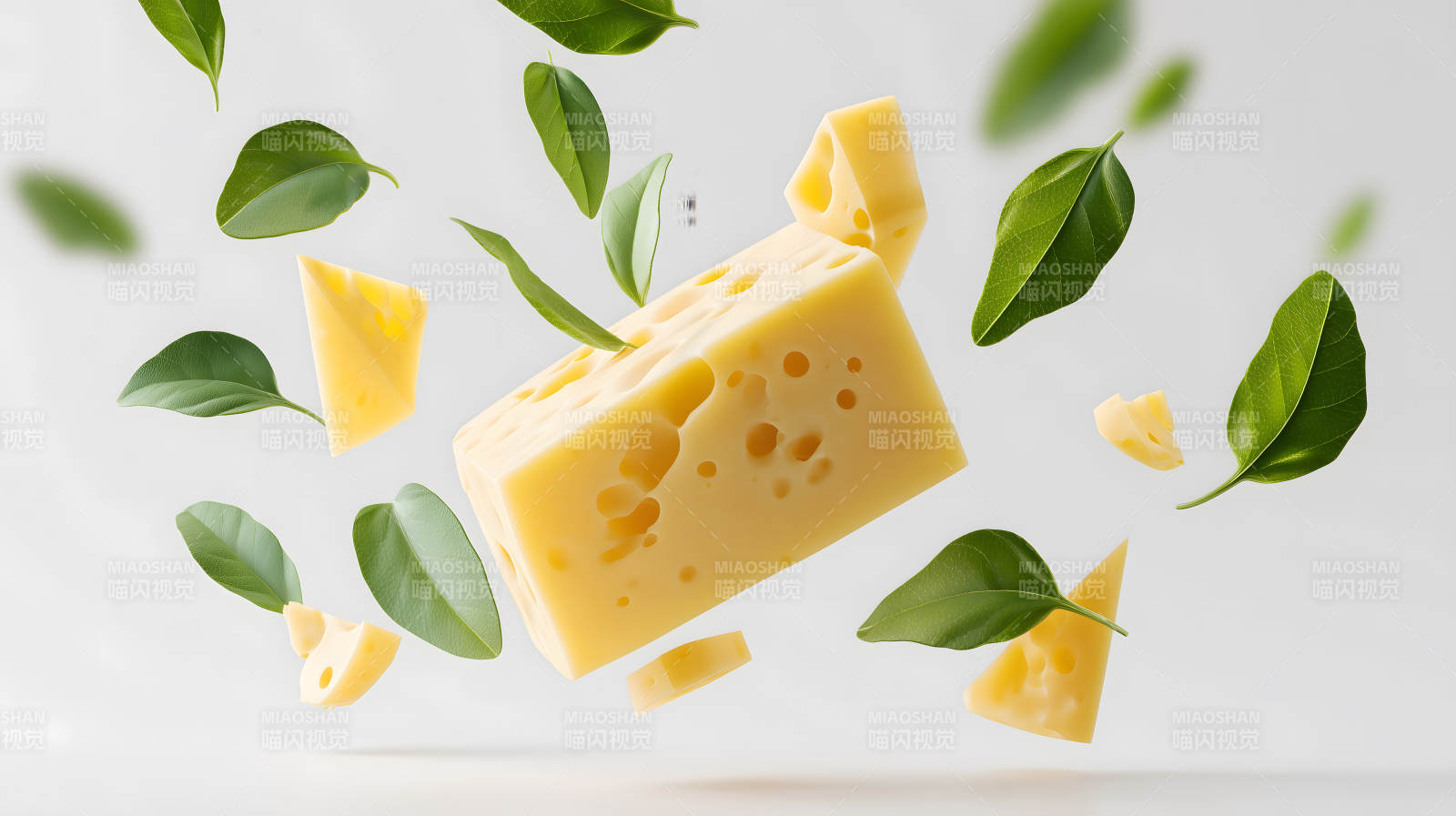 奶酪與綠葉飄浮在空中-圖片