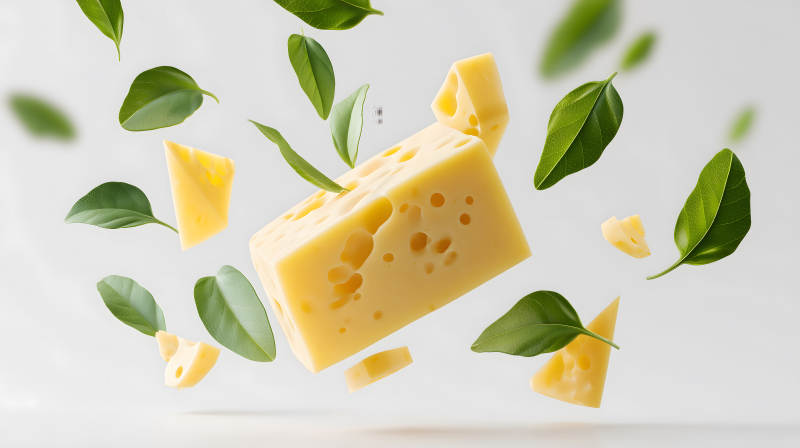 奶酪与绿叶飘浮在空中-图片