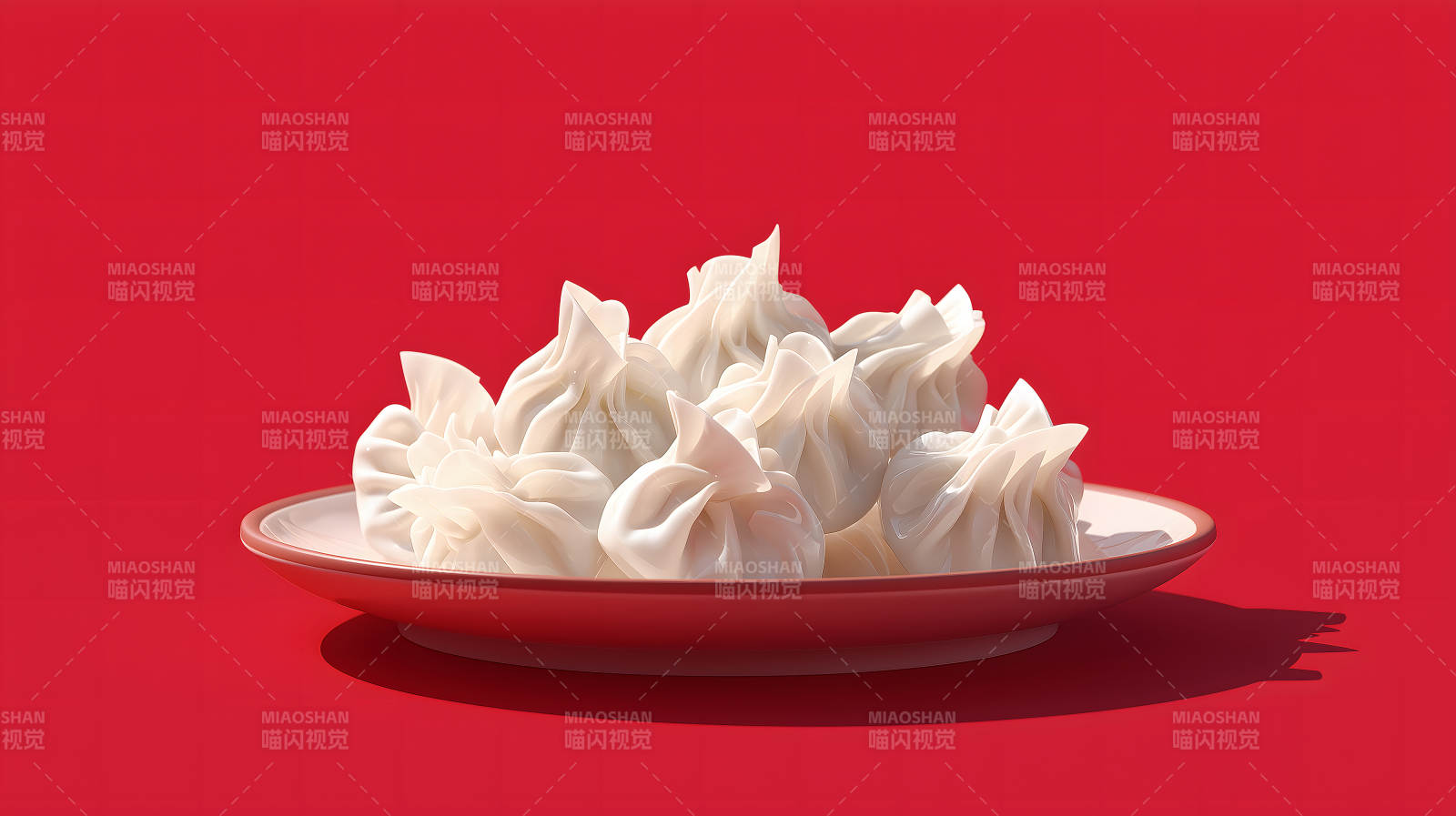 盘子里堆满的白色饺子在红色背景下-图片