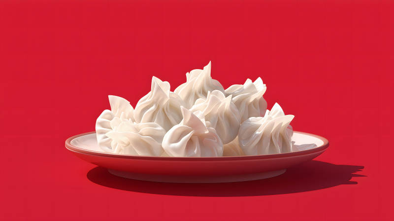 盘子里堆满的白色饺子在红色背景下-图片