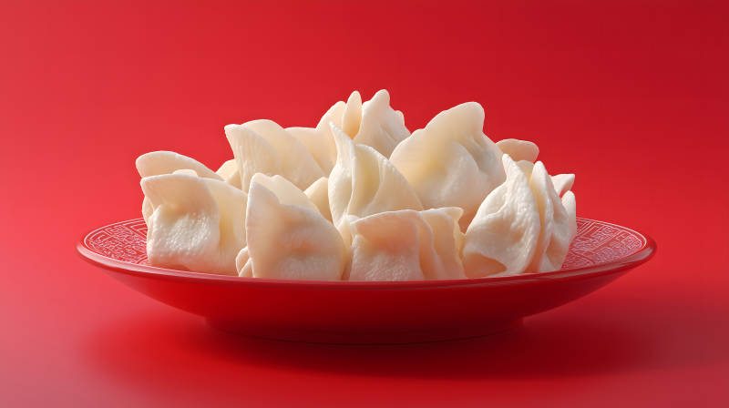 一盘饺子置于红色背景之上-图片