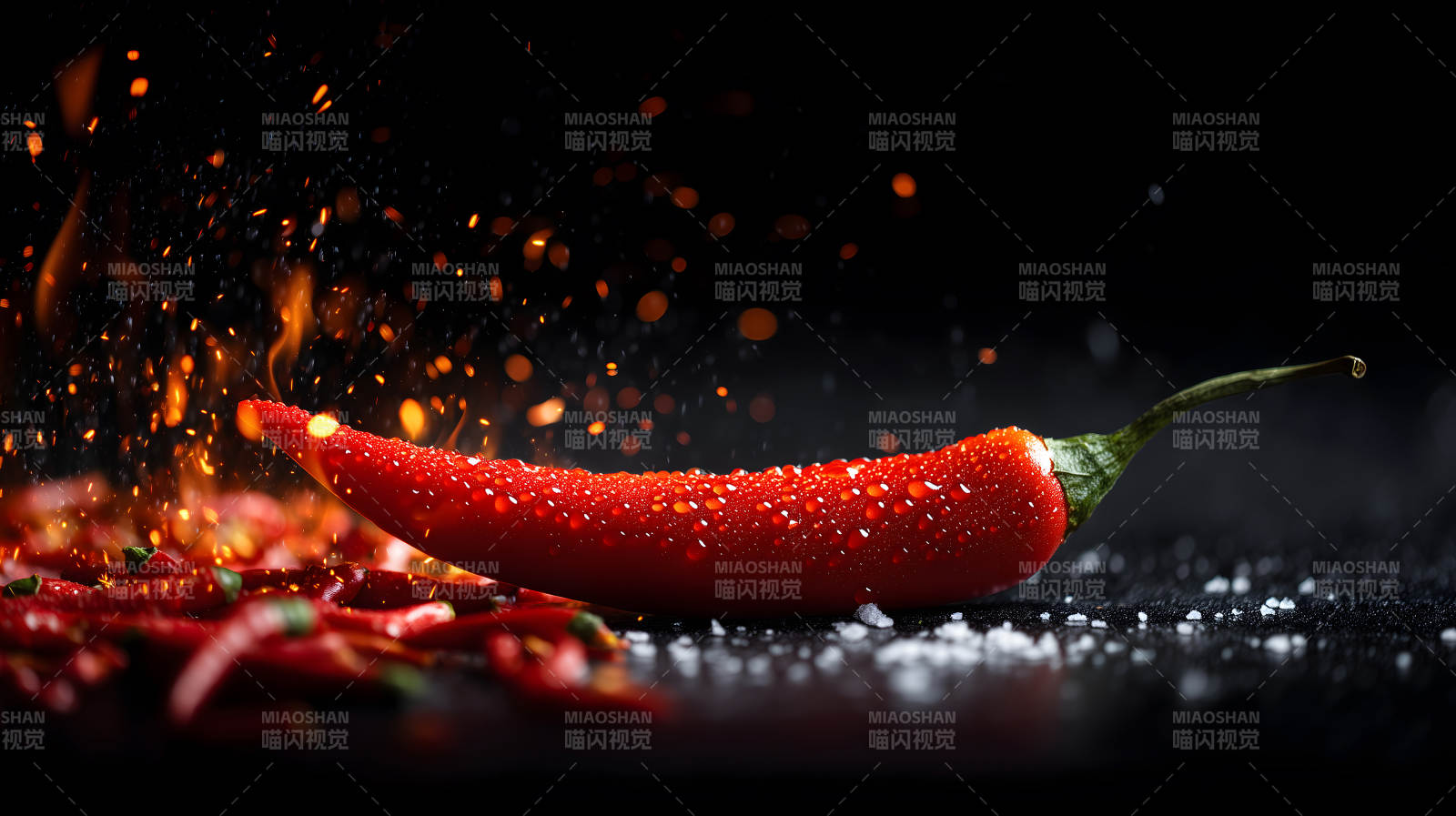 红辣椒特写烈焰与水珠交织-图片