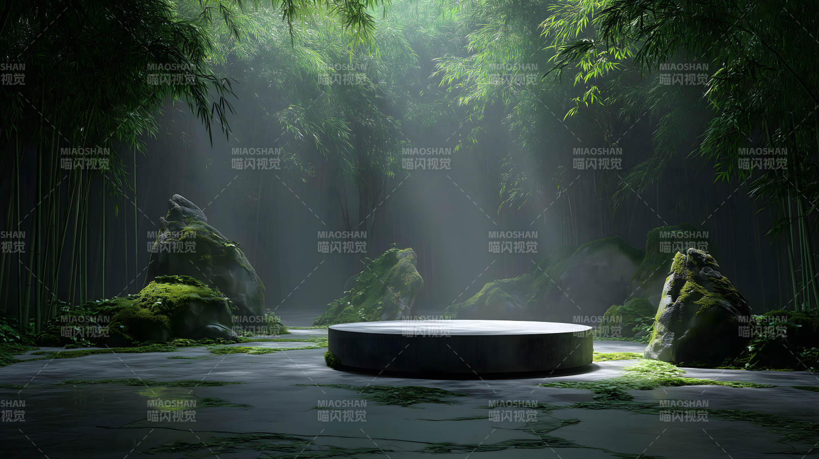 竹林深处的光束下方的圆形展示台-图片