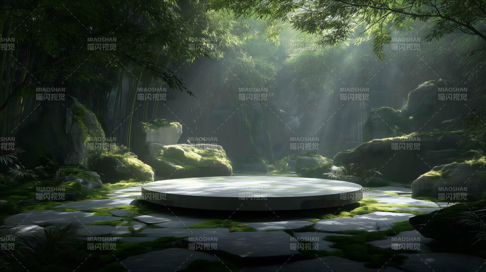 幽静竹林中的圆形平台-图片