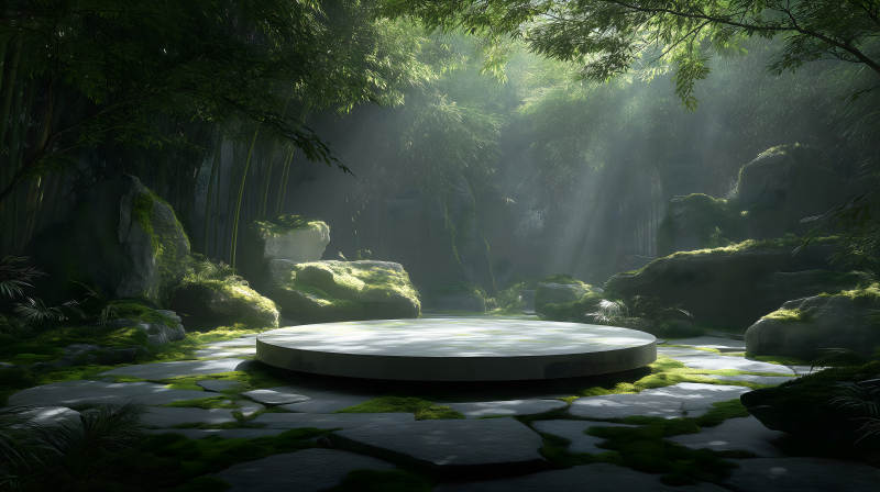 幽静竹林中的圆形平台-图片