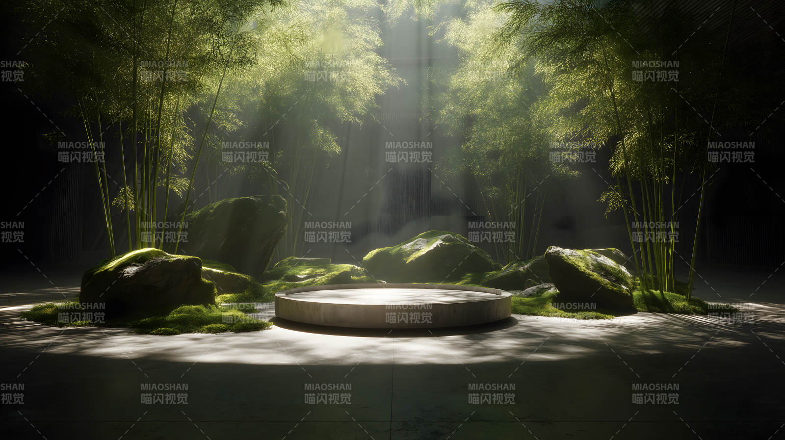 竹林光影中的圆形展示台-图片