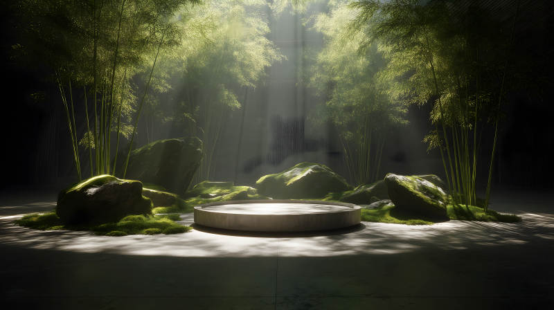 竹林光影中的圆形展示台-图片