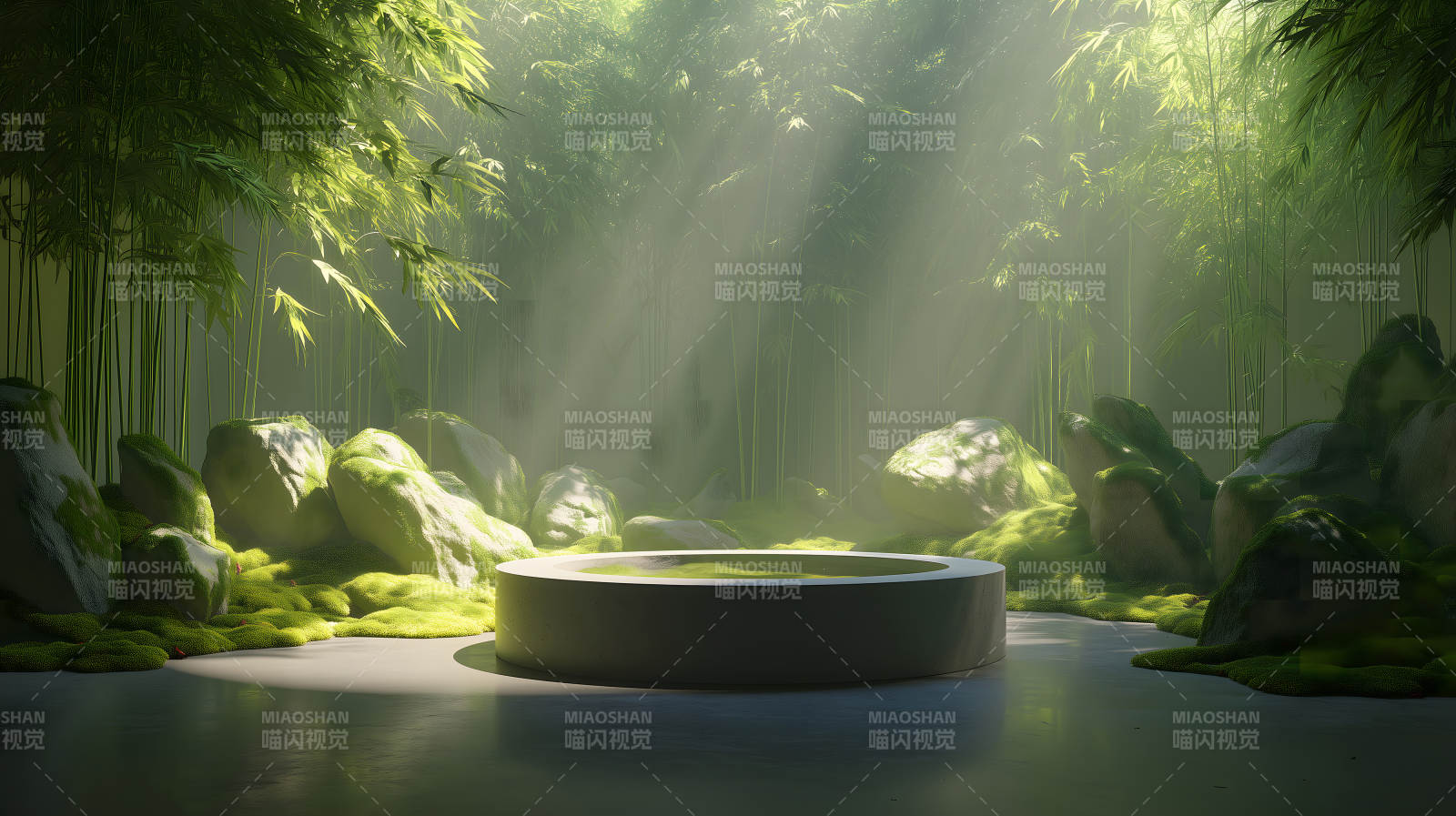 竹林中的圆形水池环境幽静-图片