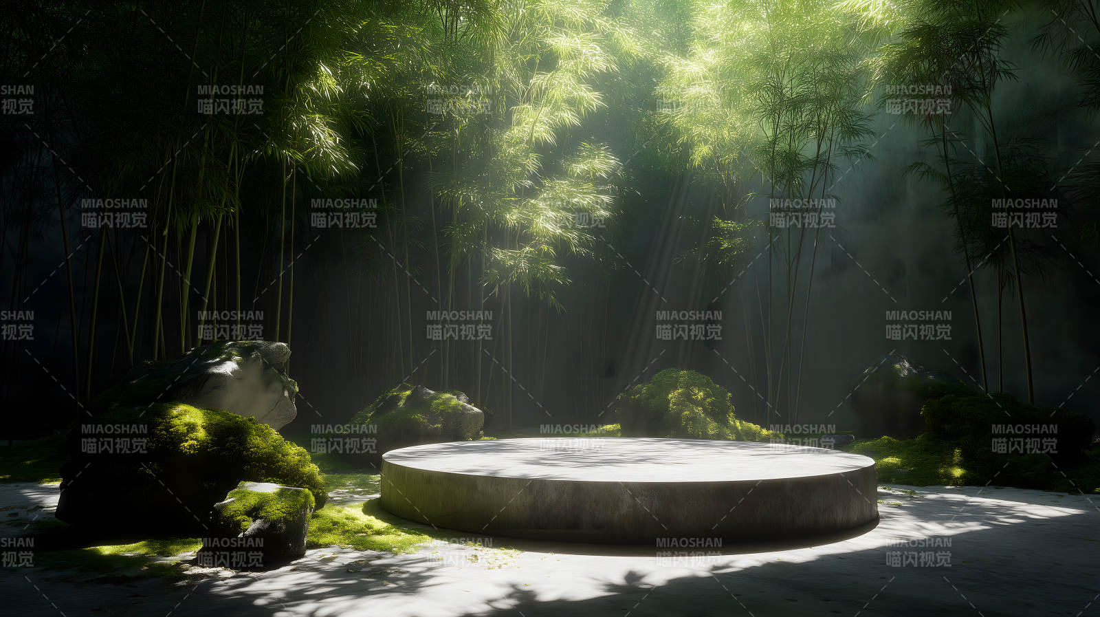 竹林光影下的展示台-图片